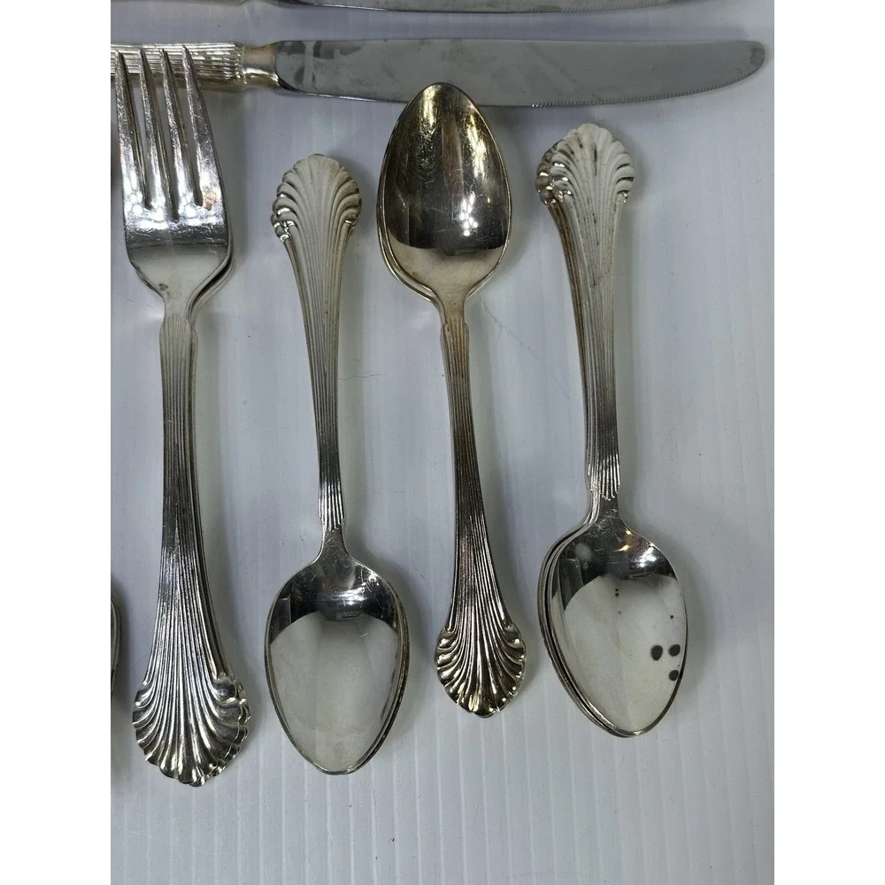 61 Pieces The Main Course Korea Silverplate Ribbed Plume Tip Flatware Set MNF48